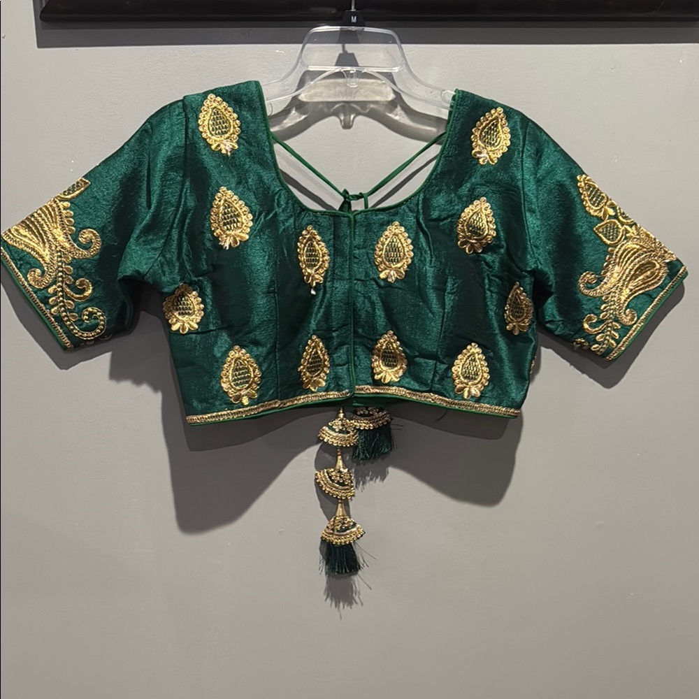 Embellished Green Crop Top with Tie Front